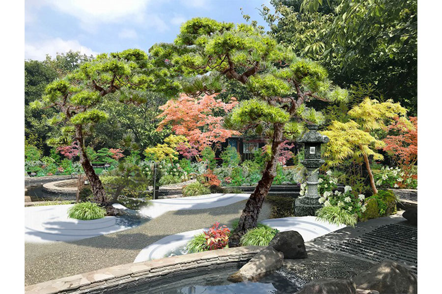 大江戸温泉物語の足湯エリアが“緑の魔術師”により江戸時代の庭園風に変貌